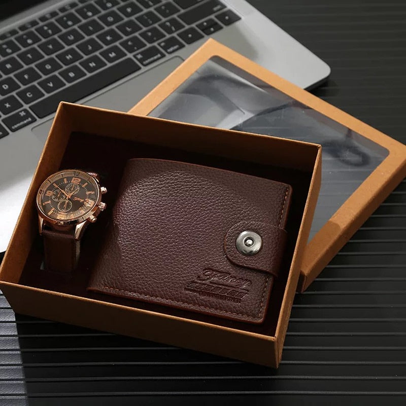 Father's Day-Men's Quartz Watch & Leather Wallet Set