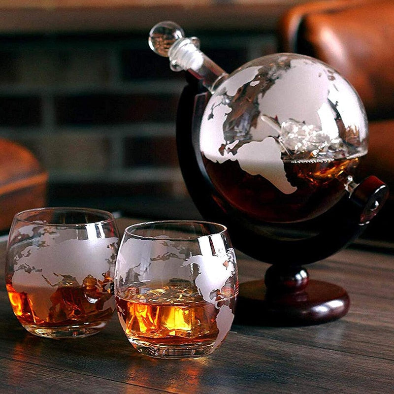 Father's Day-Globe Decanter Set with Wooden Stand and Glasses